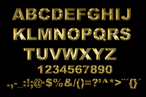 image of alphabet with gold letters on a black background