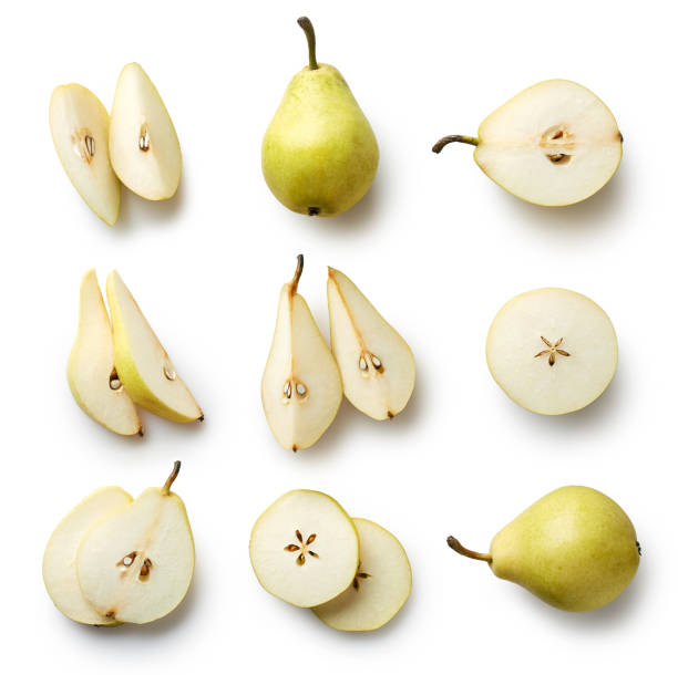 Fresh pear isolated on white background Set of fresh whole and cut pear and slices isolated on white background. From top view pear stock pictures, royalty-free photos & images