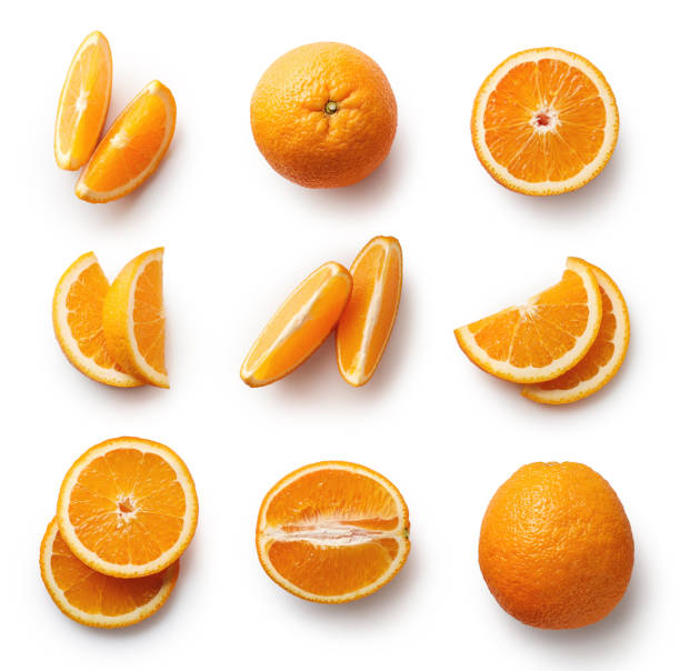 Fresh orange isolated on white background Set of fresh whole and cut orange and slices isolated on white background. From top view citrus fruit stock pictures, royalty-free photos & images