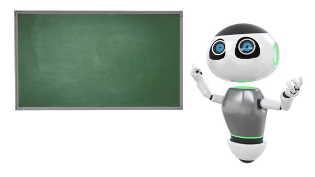 istock Glossy cute white robot teacher next to green chalkboard.Technology concept. Isolated on white. easily applicable for design. 867776096
