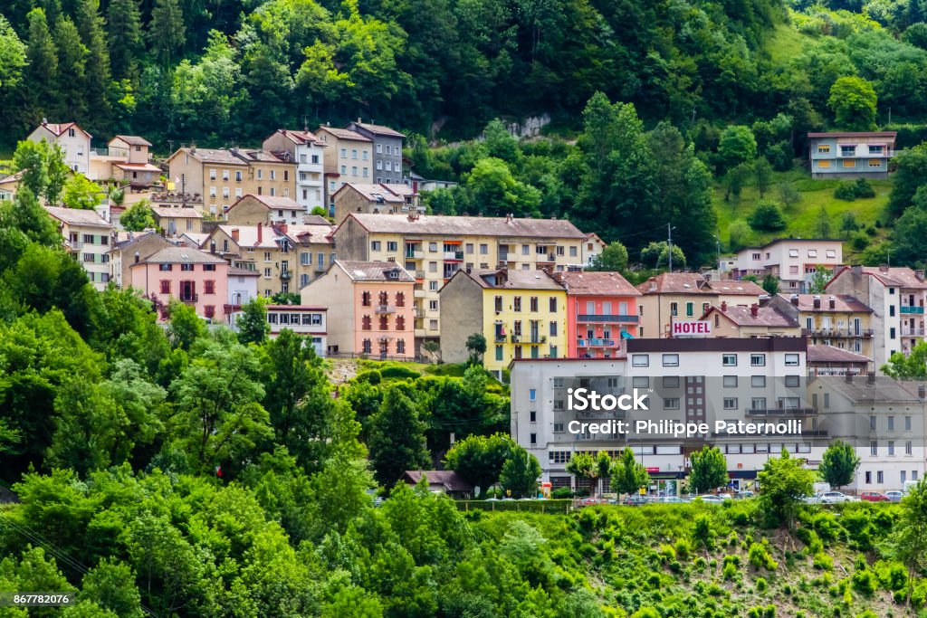 town of Saint Claude in the Jura from the new bridge Saint-Claude Stock Photo