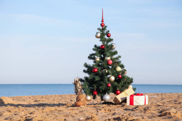 istock Christmas tree on tropical beach holidays 867785138