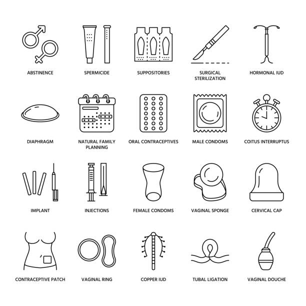 ilustrações de stock, clip art, desenhos animados e ícones de contraceptive methods line icons. birth control equipment, condoms, oral contraceptives, iud, barrier contraception, vaginal ring, sterilization. safe sex thin linear signs for medical clinic - sex education condom contraceptive sex