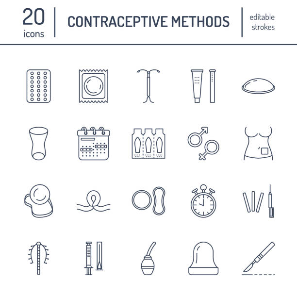 Contraceptive methods line icons. Birth control equipment, condoms, oral contraceptives, iud, barrier contraception, vaginal ring, sterilization. Safe sex thin linear signs for medical clinic Contraceptive methods line icons. Birth control equipment, condoms, oral contraceptives, iud, barrier contraception, vaginal ring, sterilization. Safe sex thin linear signs for medical clinic. family planning stock illustrations