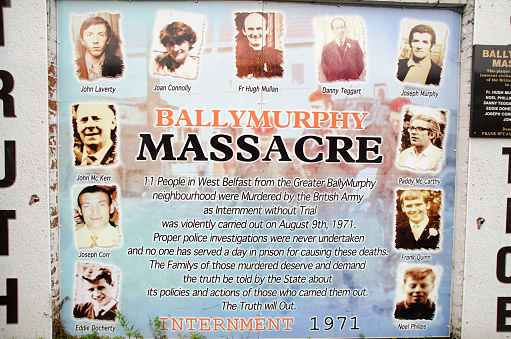 Wall with picture of people who died during Belfast civil war between Catholics and Protestants. Catholics consider those 11 persons were murdered by British army in 1971 and are asking for justice
