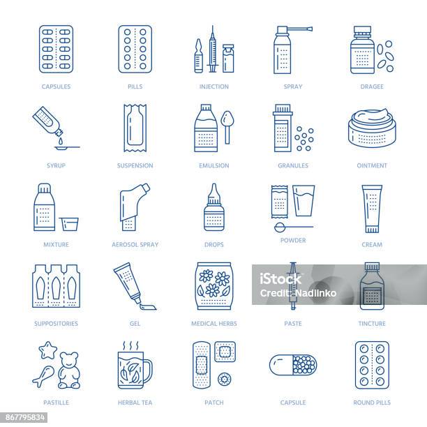 Medicines Dosage Forms Line Icons Pharmacy Medicaments Tablet Capsules Pills Antibiotics Vitamins Painkillers Aerosol Spray Medical Threatment Health Care Thin Linear Signs For Drug Store Stock Illustration - Download Image Now