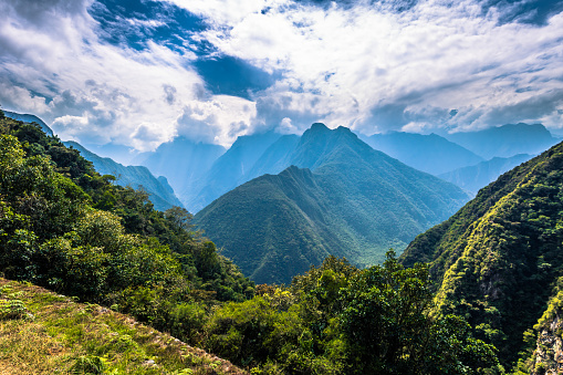 Inca Trail, Peru - August 03, 2017: Wild landscape of the Inca Trail, Peru