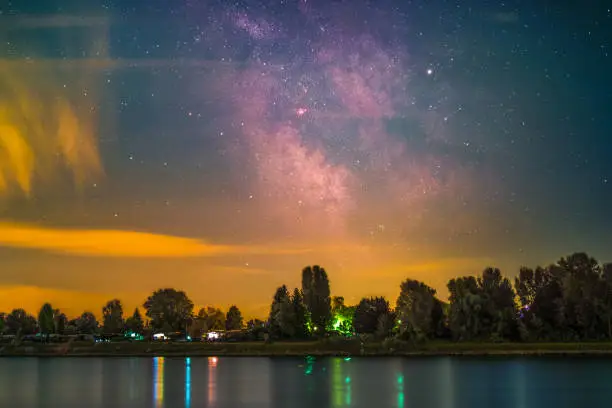 The Galactic Center as seen from the shore of the river Rhine at Mannheim in Germany.