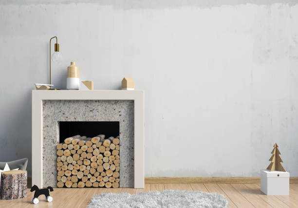 istock Modern Christmas interior with a decorative fireplace, Scandinavian style. 3D illustration. wall mock up 867804146
