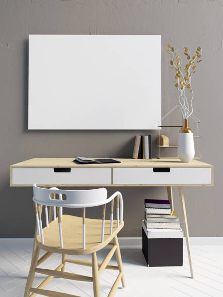 istock Modern Scandinavian style interior, a place for study.3D illustration. poster mock up 867804172