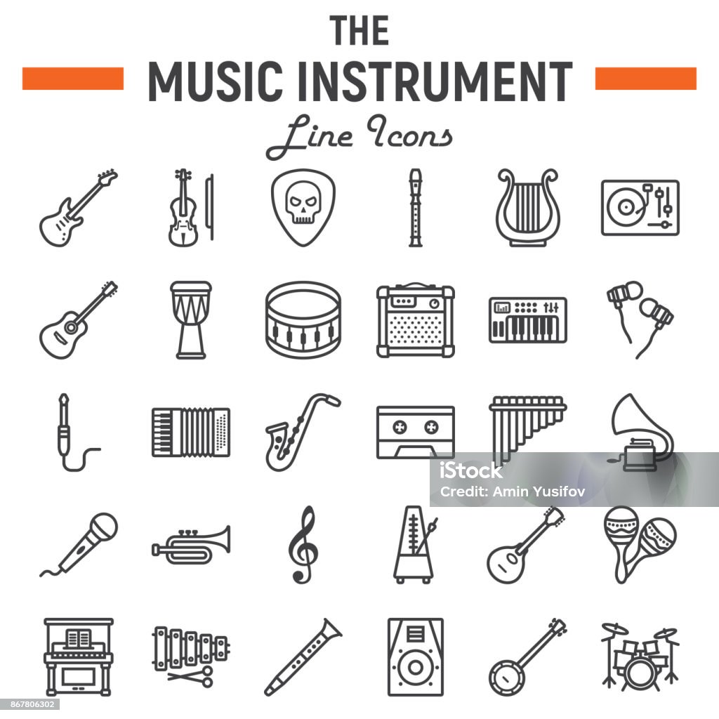 Music instruments line icon set, audio symbols collection, musical tools vector sketches, icon illustrations, signs linear pictograms package isolated on white background, eps 10. Musical Instrument stock vector