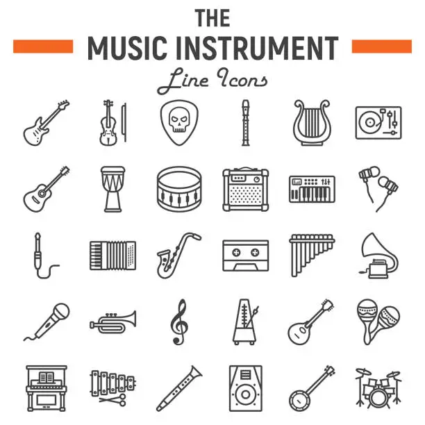 Vector illustration of Music instruments line icon set, audio symbols collection, musical tools vector sketches, icon illustrations, signs linear pictograms package isolated on white background, eps 10.