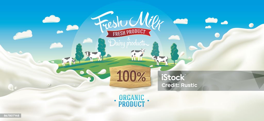 splash milk and rural landscape Scenery background with elements of landscape, and splashes from milk, with the inscription and decorative design elements. Milk stock vector