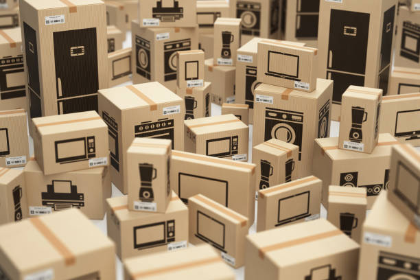 e-commerce, internet online shopping and delivery concept. household kitchen appliances and home technics in boxes. - packaging design imagens e fotografias de stock