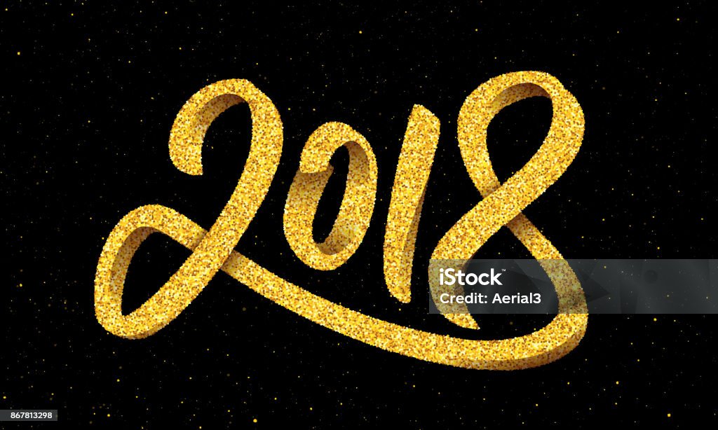 Happy New Year 2018. Gold 3D typography Greeting card design with gold 3D typography on black background with glitters. Calligraphy for chinese year of the dog. Vector illustration 2018 stock vector