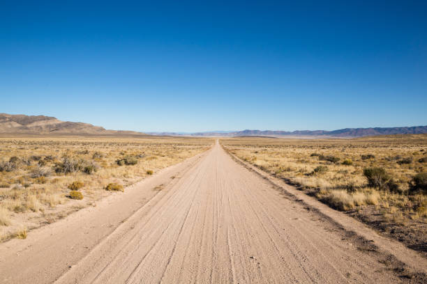 istock Wide, flat dirt road through the desert 867816172