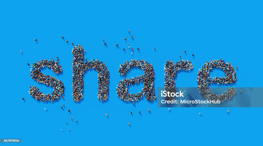 Human Crowd Forming A Big Share Text: Social Media Concept Human crowd forming a big Share text on blue background. Horizontal  composition with copy space. Clipping path is included. Social Media concept. Sharing Stock Photo