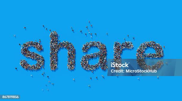 Human Crowd Forming A Big Share Text Social Media Concept Stock Photo - Download Image Now