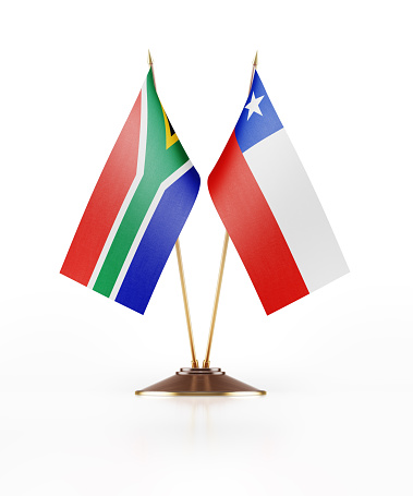 Miniature Flag of South Africa and Chile. The flags have nicely detailed fabric texture. Isolated on white background. Clipping path is included.