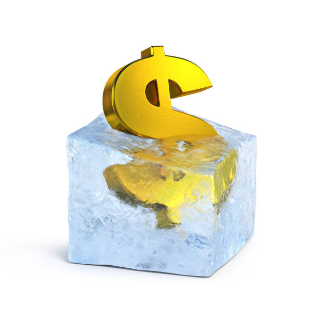 氷ブロックの 3 d レンダリングで冷凍黄金のドル記号 - frozen currency finance ice ストックフォトと画像