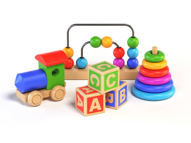 holzspielzeug auf weißem hintergrund 3d-rendering - alphabet childhood learning education stock-fotos und bilder