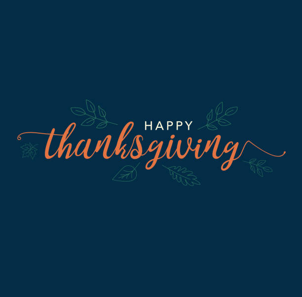Happy Thanksgiving Calligraphy Text with Illustrated Leaves Over Dark Blue Background Happy Thanksgiving Calligraphy Text with Illustrated Leaves Over Dark Blue Background, Vector Typography thanksgiving holiday icons stock illustrations