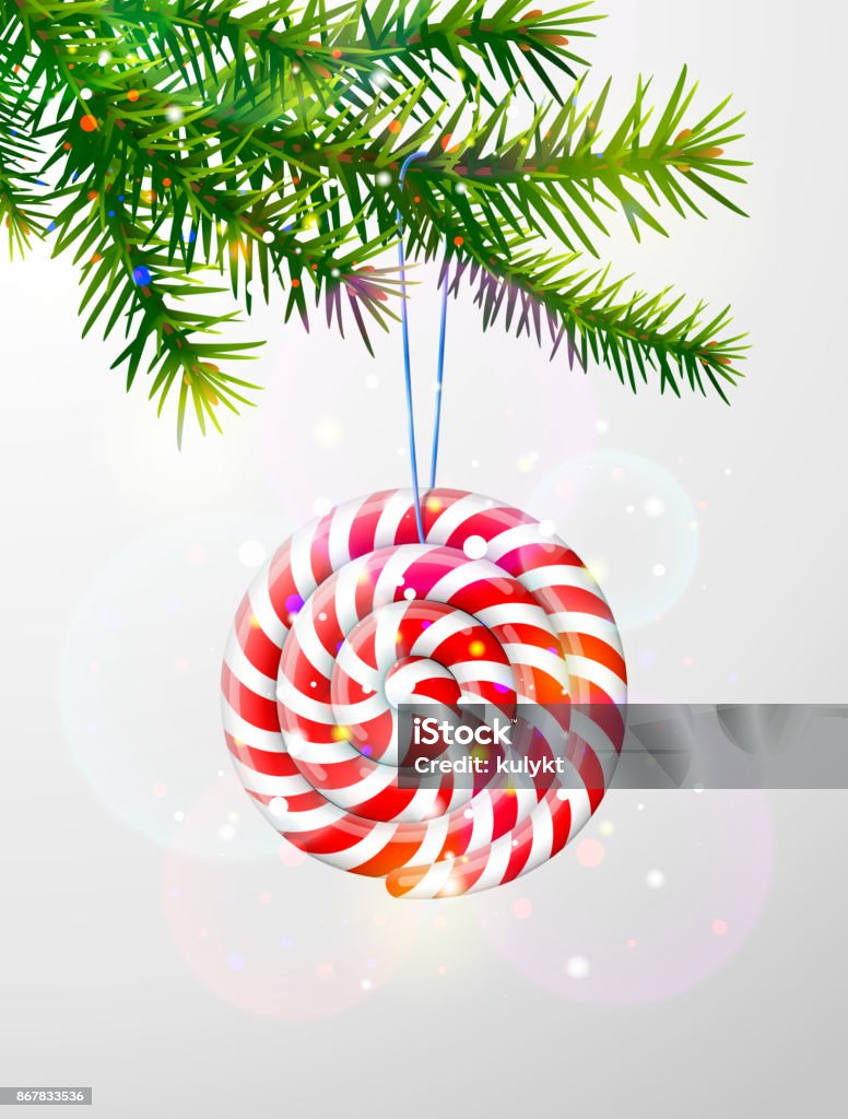 Christmas tree branch with round candy Striped peppermint lollipop hanging on pine twig. Best vector image for christmas, new years day, decoration, winter holiday, sweet-stuff, new years eve, etc Branch - Plant Part stock vector