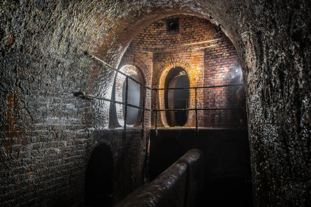 istock Old red stone sewerage Lindley engineer in Samara region, Russia 867836192
