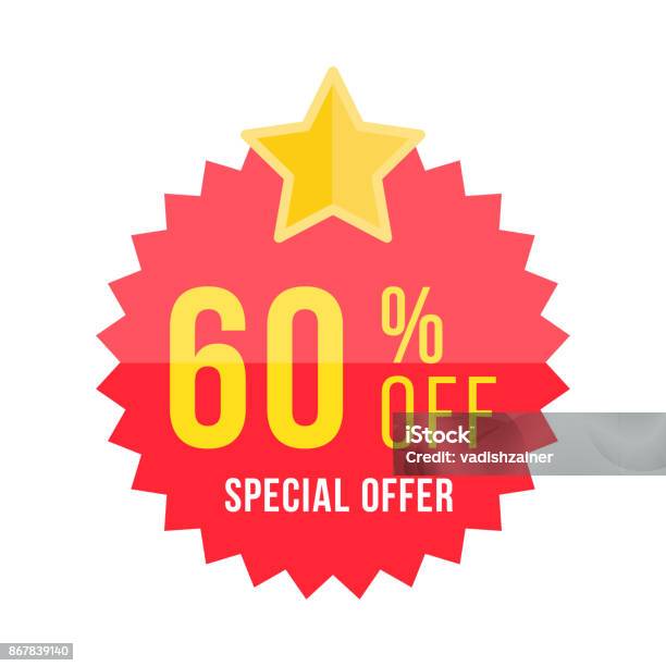 Red Sticker And Star With 60 Discount Template Of The Emblem With Special Offer Flat Vector Eps 10 Stock Illustration - Download Image Now