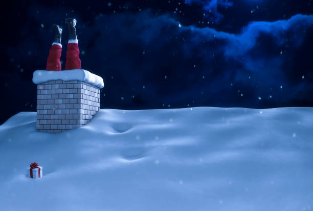 Santa Claus Stuck in Chimney on Roof Christmas Santa Claus stuck in a chimney on a roof on Christmas night with snowfall. smoke stack stock pictures, royalty-free photos & images