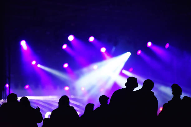 silhueta da multidão em um concerto. luzes de palco brilhante colorido no fundo - 13601 - fotografias e filmes do acervo