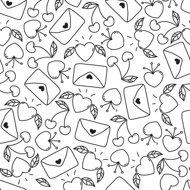 doodle бесшовные день святого валентина картина изолированы на белом фоне. векторные элементы: сердца, листья, вишня, конверты. - cherry valentine stock illustrations
