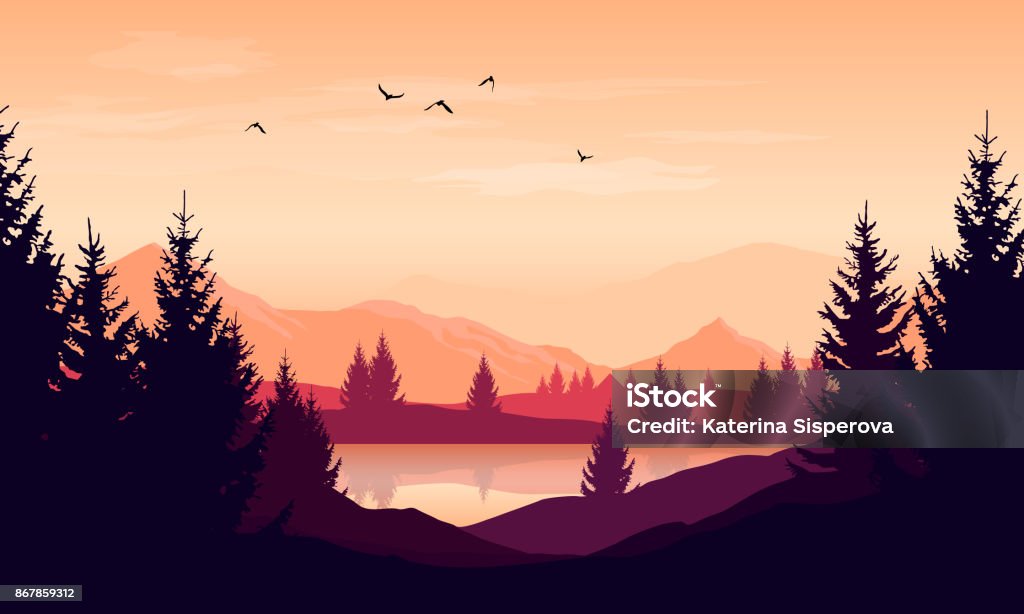 Vector cartoon sunset landscape with orange sky, silhouettes of mountains, hills and trees and lake Vector cartoon sunset landscape with orange sky, silhouettes of mountains, hills and trees and lake. Lake stock vector