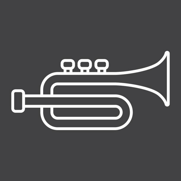 illustrations, cliparts, dessins animés et icônes de icône de ligne de trompette, musique et instrument, signe sonore vecteur graphique, un dessin linéaire sur un fond noir, eps 10. - trumpet jazz bugle brass instrument