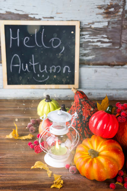istock Lantern with candle, pumpkins and autumn decorations 867870164