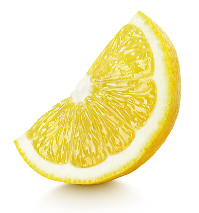 Ripe wedge of yellow lemon citrus fruit stand isolated on white background with clipping path