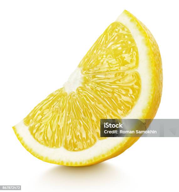 Slice Of Yellow Lemon Citrus Fruit Isolated On White Stock Photo - Download Image Now