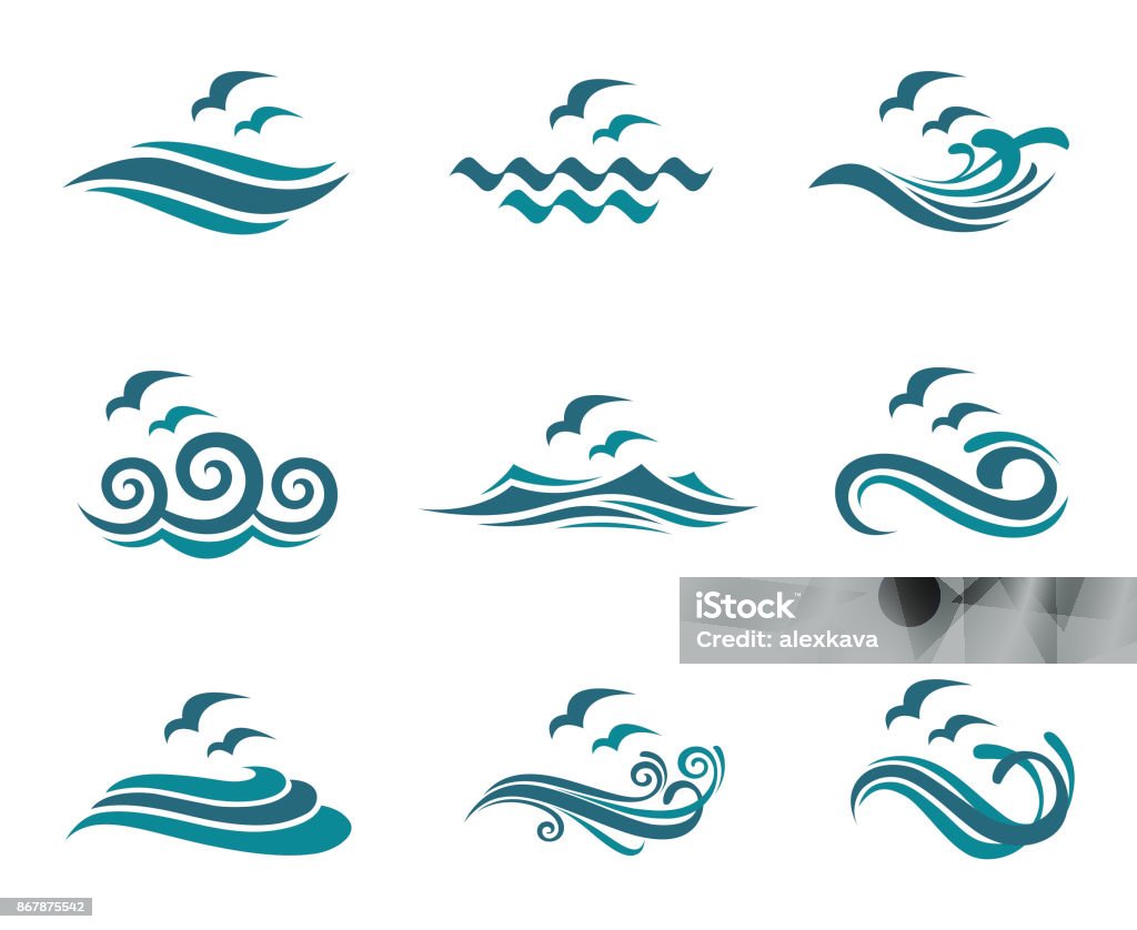 ocean icon set collection of ocean icon with waves and seagulls Wave - Water stock vector