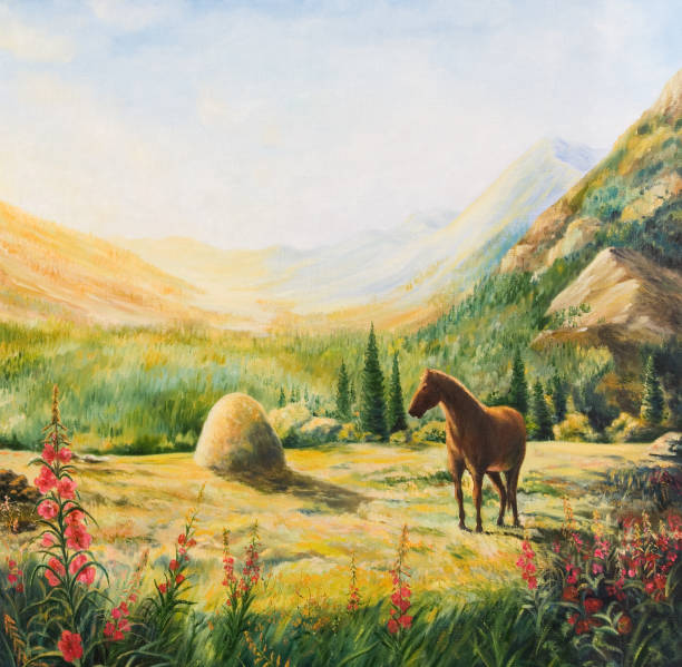 górski krajobraz z koniem. - warhorse stock illustrations