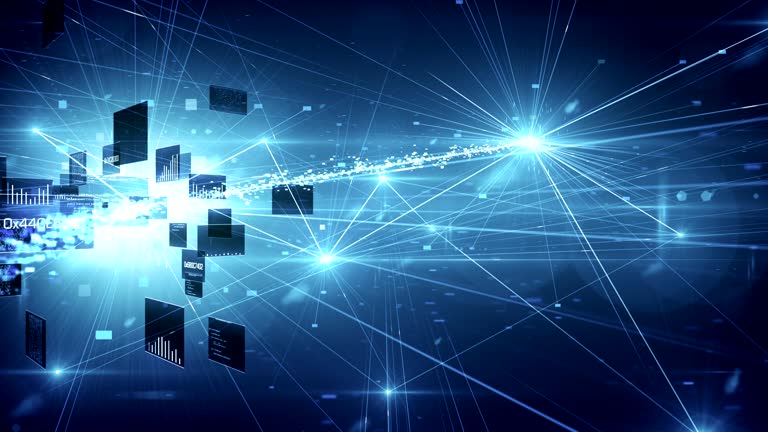 High quality animation of a data stream being processed in a complex network. Perfectly usable for topics like artificial intelligence or cloud computing. Seamlessly loopable.
