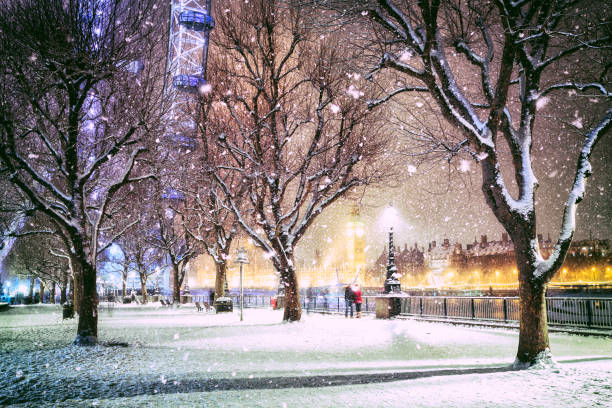 jubilee gardens innevati a londra al crepuscolo - london england christmas snow winter foto e immagini stock