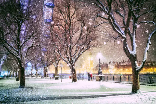 Photo of Snow covered Jubilee Gardens in London at dusk