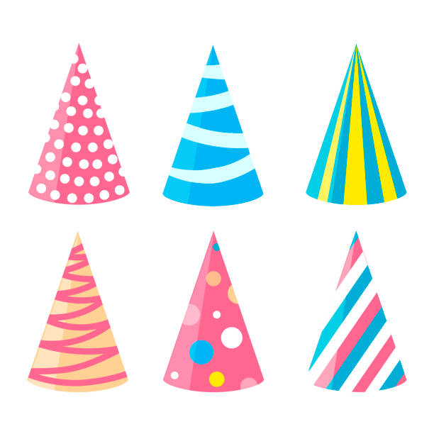 verschiedenen partyhüte kollektion für eine geburtstagsfeier, neujahr und andere feiertage. - partyhut stock-grafiken, -clipart, -cartoons und -symbole