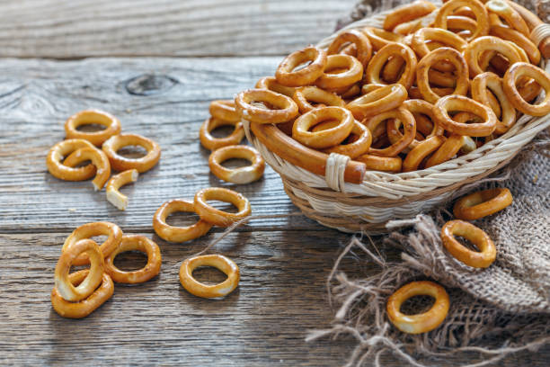 istock Bagels with salt in a wicker basket. 867886506
