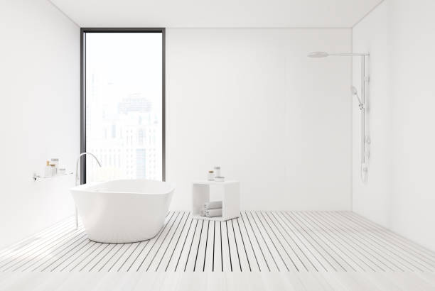 istock White wooden floor bathroom and shower 867896512