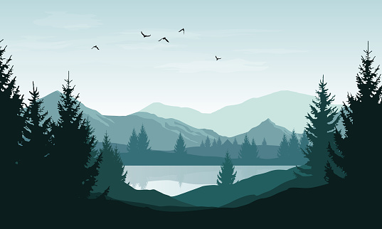 Vector landscape with blue silhouettes of mountains, hills and forest and sky with clouds and birds.