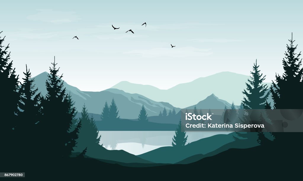 Vector Landscape With Blue Silhouettes Of Mountains Hills And Forest And  Sky With Clouds And Birds Stock Illustration - Download Image Now - iStock