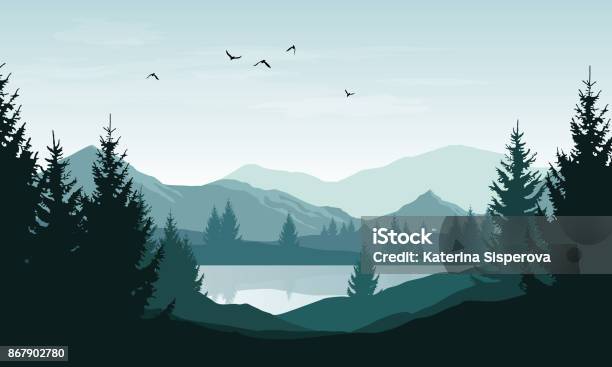 Vector Landscape With Blue Silhouettes Of Mountains Hills And Forest And Sky With Clouds And Birds Stock Illustration - Download Image Now