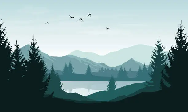 Vector illustration of Vector landscape with blue silhouettes of mountains, hills and forest and sky with clouds and birds