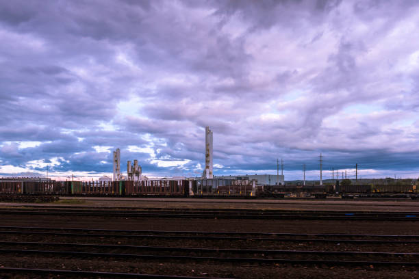 Sault Ste. Marie, Canada - September 29, 2017: The tourists of taking the train  can see a steelmaking through the windows in Sault Ste. Marie in the morning.